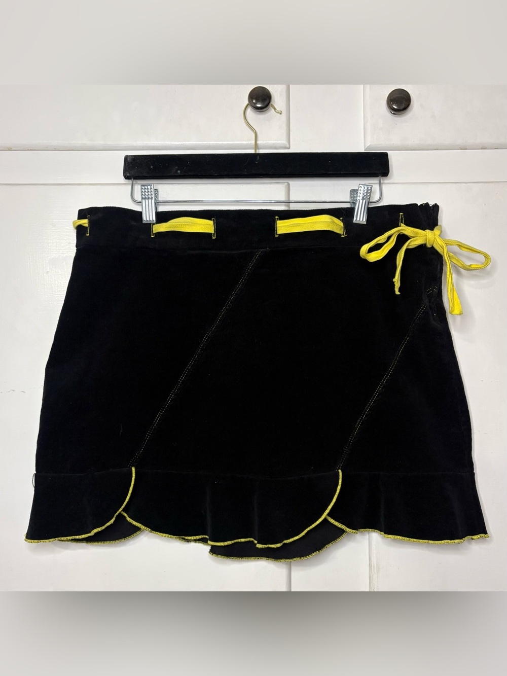 Vintage 90s/Y2K Morbid Threads Mall Goth Black Corduroy Mini Skirt Yellow Trim